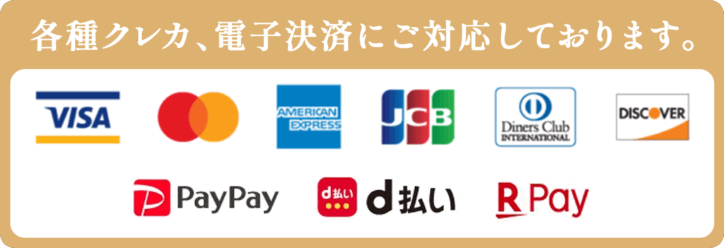 各種クレカ、電子決済にご対応しております。VISA,MasterCard,American Express,JCB,Diners Club,Discover,Paypay,d払い,楽天ペイ